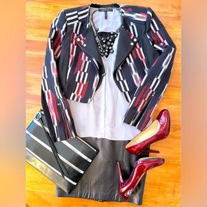 BCBG MaxAzria “Ellan” sleeveless blouse with placket top and open draped back.